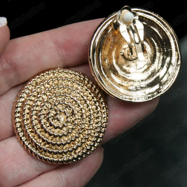 CLIP ON large disc boho 3.7cm BIG GOLD TONE EARRINGS weave basket textured metal