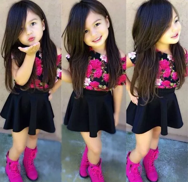 2Pcs Baby Girls Short Sleeve Floral T-shirt +Skirt Set Kids Summer Dress Outfits