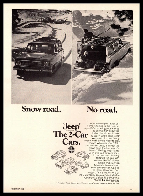 1969 Jeep Wagoneer 4x4 Snow Road. No Road "The 2-Car Cars" Vintage Print Ad