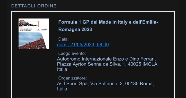 Biglietto Gran Premio Formula 1 Imola 2023 -Tribuna Rivazza-