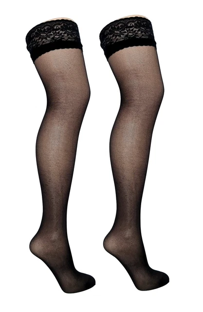 15 Denier Shine Et Pur Bas Autofixant Haut Dentelle Noir Taille Unique