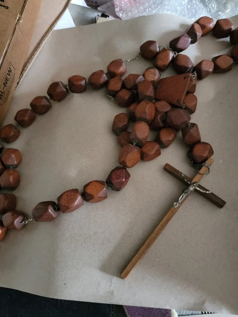 Antique French Wall 56" Rosary Hand Carved Wood Beads Crucifix Cross
