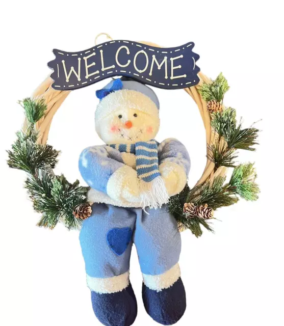 Vintage Blue & White Holidays Christmas  Snowman Wreath Welcome Door Sitting