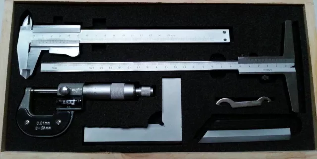 5pc Engineers Measuring Set ~ Caliper, Micrometer, Depth Gauge, Square, Edge