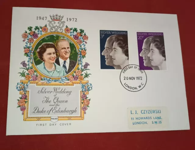 1972 Silver Wedding Clean label address Philart First Day Cover London WC FDI