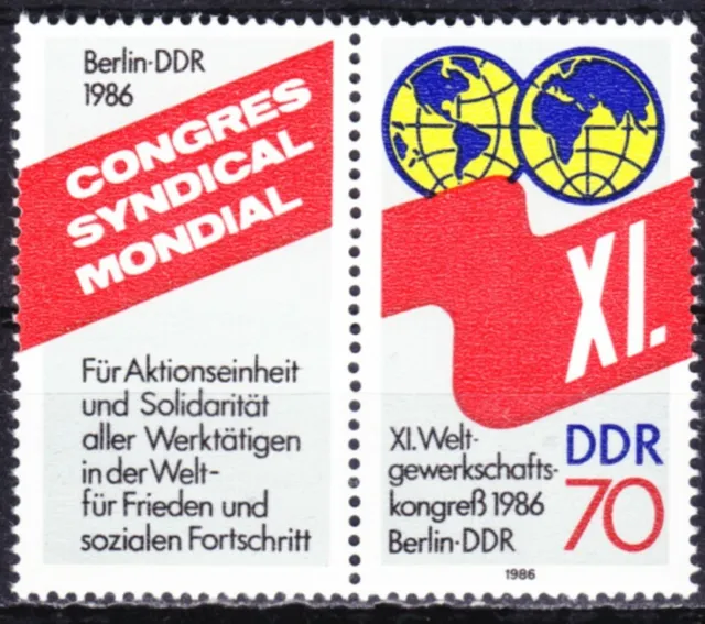 DDR Mi.-Nr. 3049 postfrisch Zdr. Zf/70 Pf. Weltgewerkschaftskongress Berlin