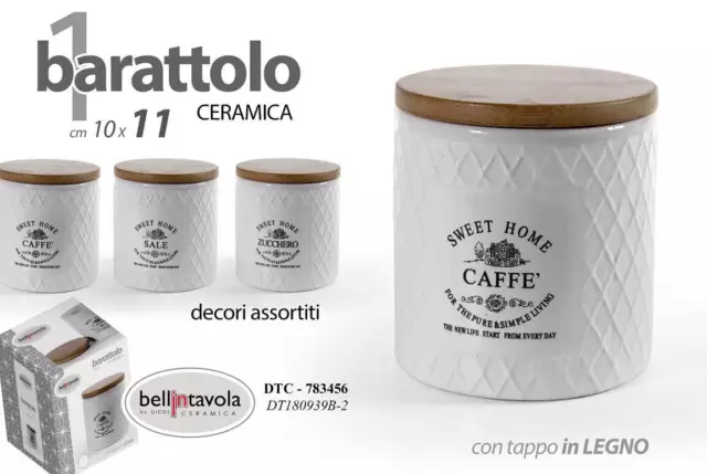 SET 3 Barattoli Sale Zucchero Caffè Tris CERAMICA TAPPO LEGNO Contenitori 11 cm