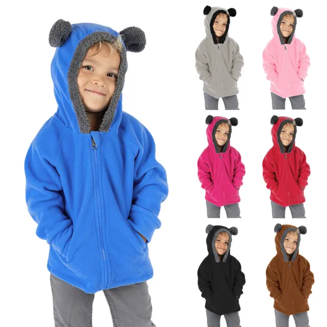 Toddler Kids Boys Girls Fleece Sweatshirt Zip Up Bear Ears Hooded Warm Outwear