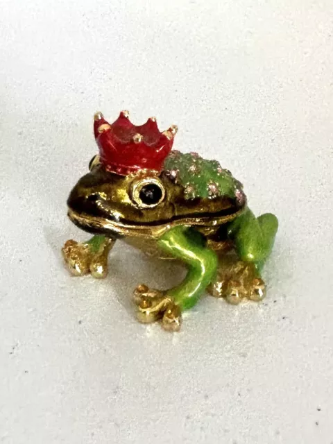Bejeweled King Prince Frog Kiss Crown Trinket Box Green
