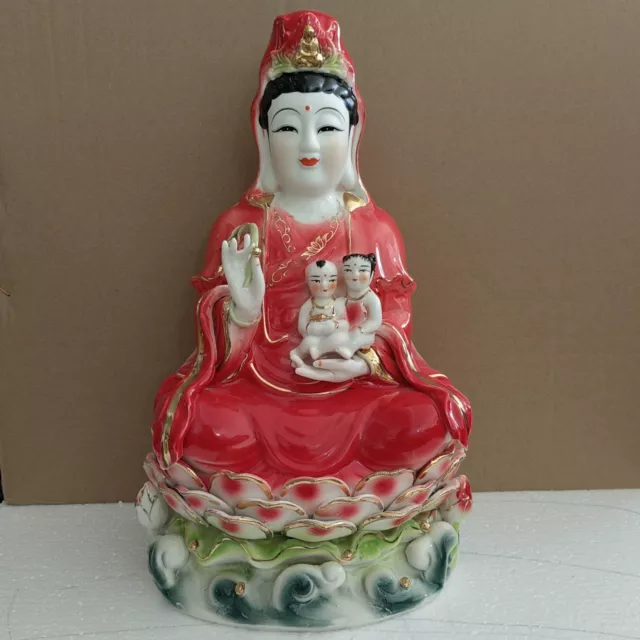 12" Red Porcelain Pottery Guan Yin Goddess Boddhisattva Buddha Tongzi Boy Statue