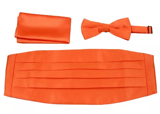 Men's Solid Orange 3 Piece Cummerbund Bow Tie Hanky Set Formals Proms Weddings