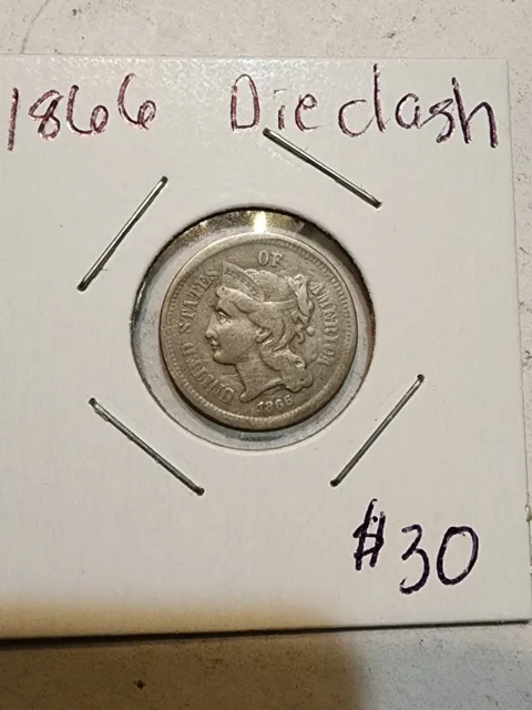 1866 Three Cent Nickel With A Die Clash And Retained CUD