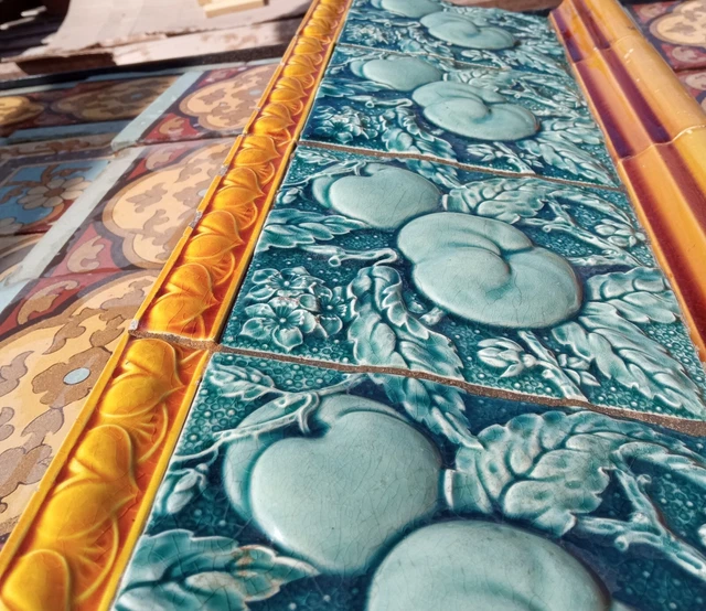 Reclaimed original period antique Art Nouveau tile fruits floral wall panel 2