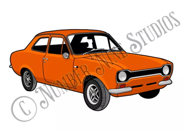 Ford Escort MK 1 orange Edition Illustration, hohe Qualität, signiert vom Künstler. 2