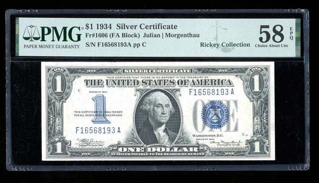 DBR 1934 $1 Silver Funnyback Fr. 1606 FA Block PMG 58 EPQ Serial F16568193A