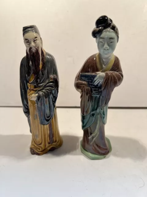 2 - Antique 7" Chinese Porcelain Asian Man Women oriental Figurines Marked China