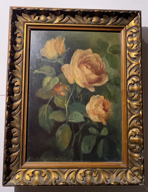 Ella Schulz Lichtental - Öl Gemälde auf Holz - Stillleben Rosen Vase Ende 19 Jhd