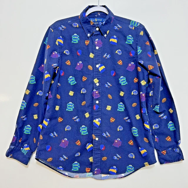 Ralph Lauren Rugby Print Classic Fit Button Embroidered Dress Shirt Size Medium