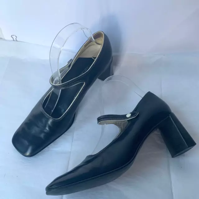 Enzo Angiolini Vintage Y2K Black Leather Mary Jane Heels White Contrast - Size 9