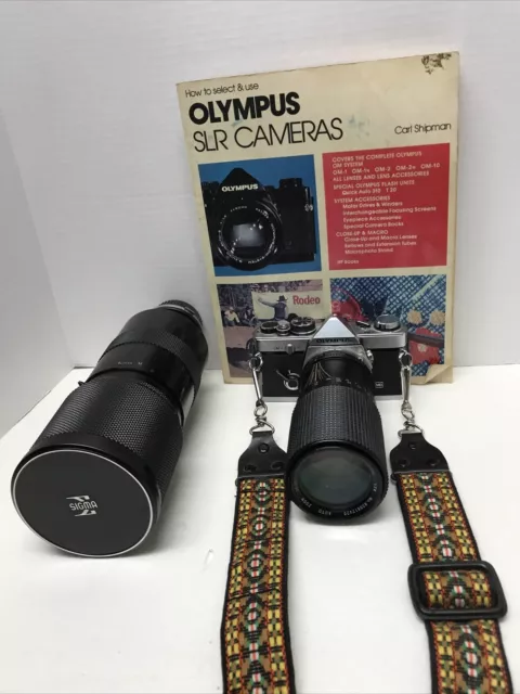 Objectif Olympus OM-2 avec objectif Sears 80 mm -200 et objectif miroir Sigma 500 mm f8