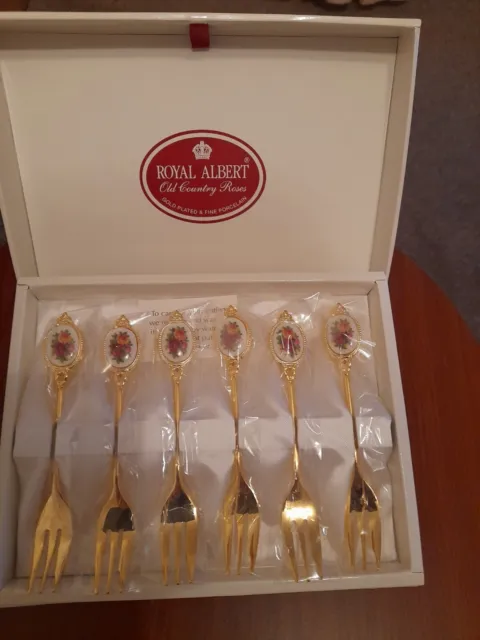 Royal Albert Old Country Roses  6 Gold plated Cake / dessert forks. UK Only.