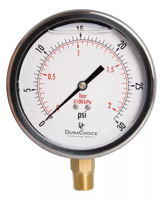 4" Pressure Gauge - Stainless Steel Case, Brass, 3/8" NPT, Lower Mnt. 0-30PSI