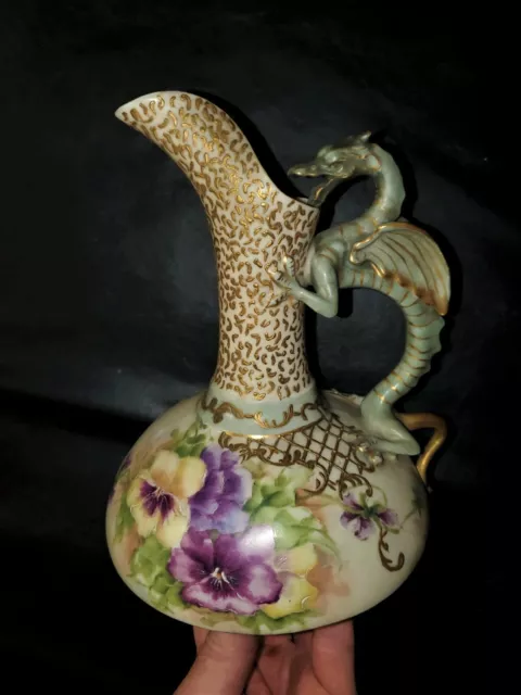 Royal Worcester? Art Nouveau Porcelain Ewer Vase Winged Dragon Gold Moriag Pansy