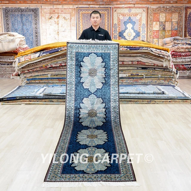 2.6x9ft Blue Long Handmade Silk Rugs Runner Corridor Carpets Strip YWX282A