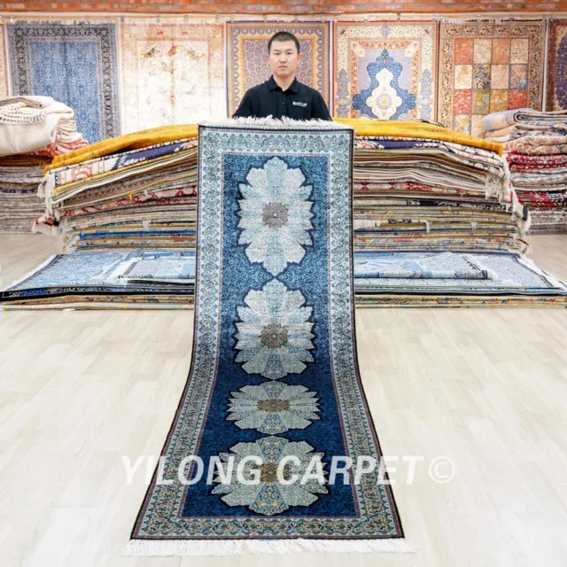 2.6x9ft Blue Long Handmade Silk Rugs Runner House Carpets Strip YWX282A