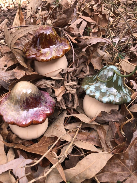 Set of 3 Whimsical Glaze Top Ceramic Mushrooms Garden Pottery 4” Mushroom