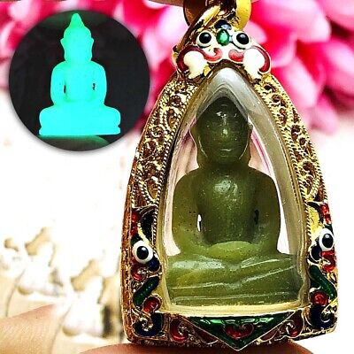 Leklai Statue Green Glow in Dark Buddha Moon Light Lp Somporn Thai Amulet #9095