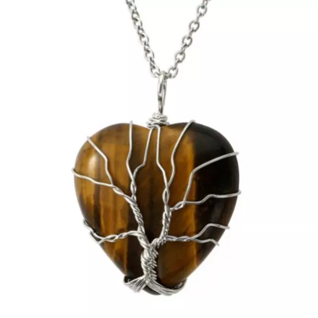 Natural Healing Crystal Quartz Reiki Tree Life  Heart Gemstone Pendant Necklace