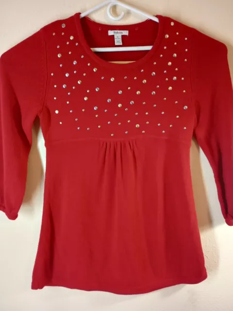 Style & Co. Women's Sweater XL Red Round Neck Long Sleeve Studded 2