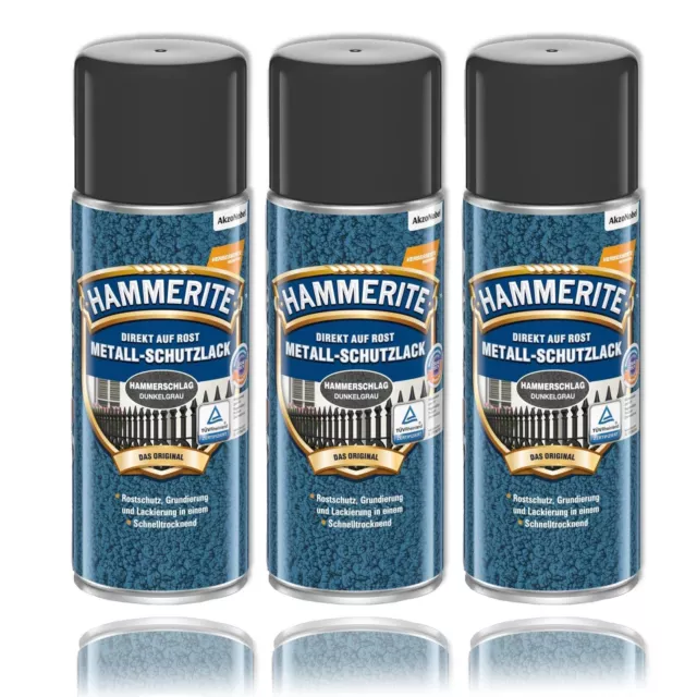 3x Hammerite Metall-Schutzlack HAMMERSCHLAG DUNKELGRAU 400ml Spray Rostschutz