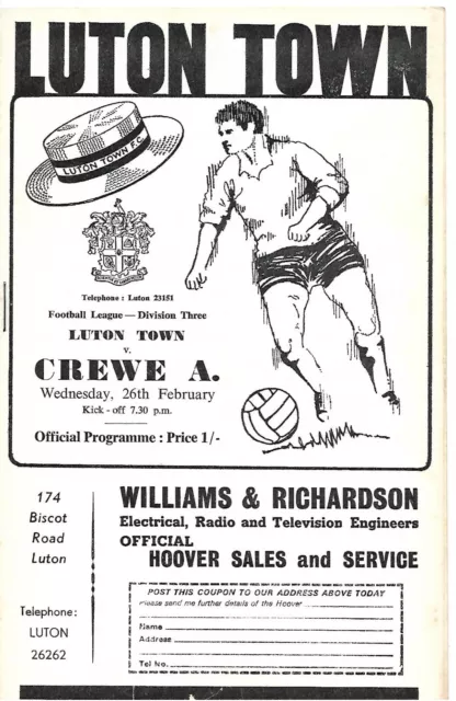 LUTON TOWN v CREWE ALEXANDRA 26th FEBRUARY 1969