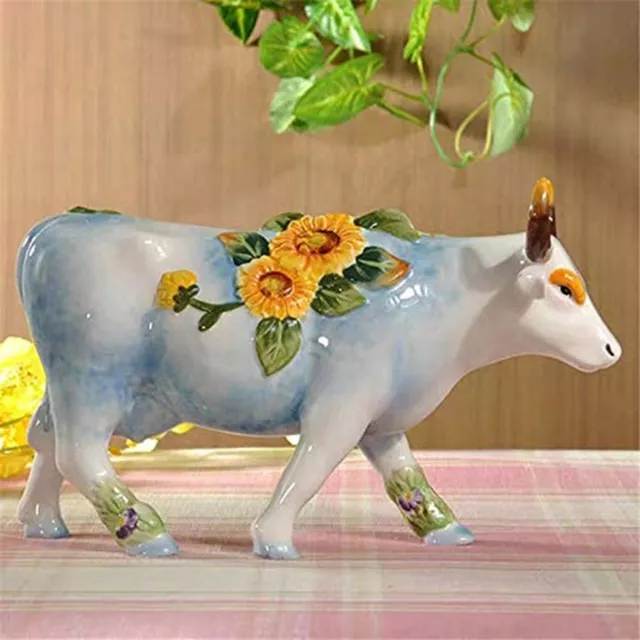 Ceramic Collectible Figurines Statue&#65292;3D Hand-Painted Sunflower Cow Decora 3