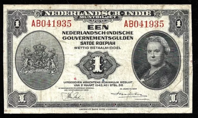 World Paper Money - Netherlands Indies 1 Gulden 1943 @ Fine W/ Graffiti On Rever
