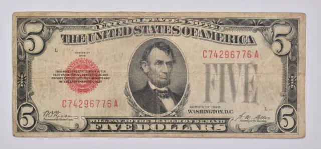 1928 $5 Legal Tender Red Seal United States Note Avg Circ *0611