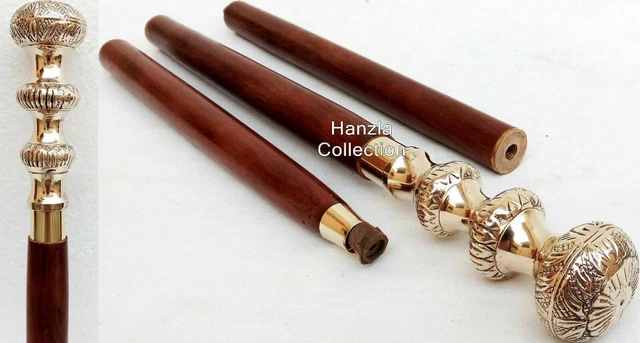 Nautical Brass Designer 3 Round Head Handle Brown Wooden Cane Walking Stick Gift