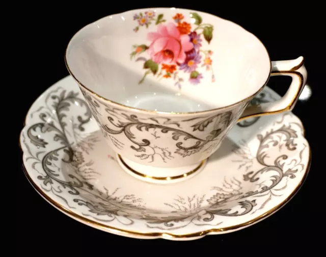 Beautiful Royal Crown Derby Grey Scroll Tea Cup And Saucer