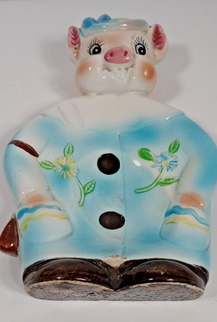 Lorraine Elam Ceramic Enesco Blue Bonnet Pig Purse Spoon Rest 1940s