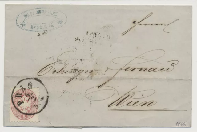 1866 5kr, auf Faltbrief von PRAG nach WIEN. Schön!