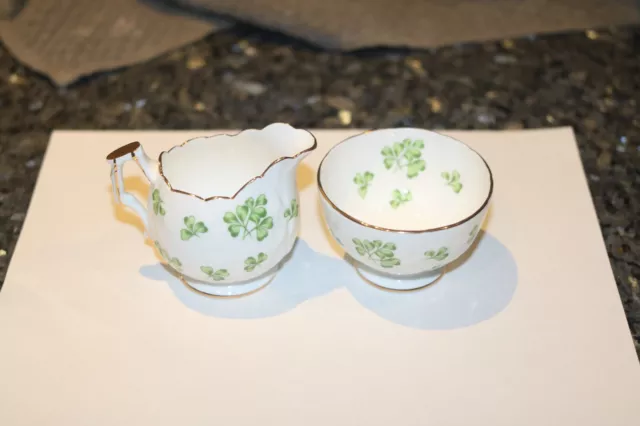 Rare Aynsley Creamer Sugar Shamrock Leafs So Cute # 159 Gold Accents Look!