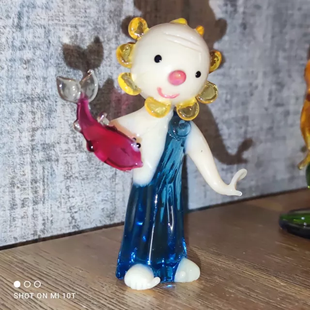 Figurine En Verre Murano/Bohème? Pêcheur Et Poisson TBE H:7,5cm Objet De Vitrine