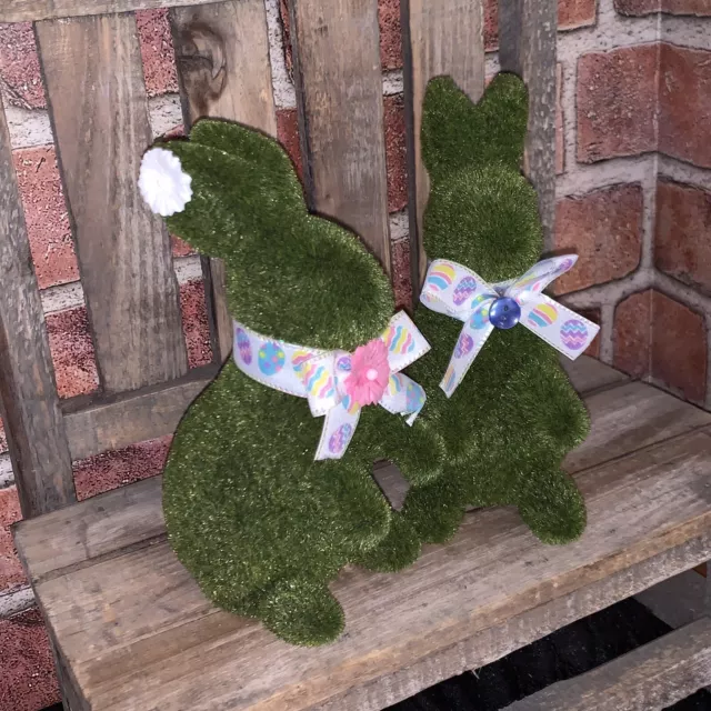 2 Green Faux Moss Bunny Rabbits Easter Spring Decor 6.5” Hand Decorated 3