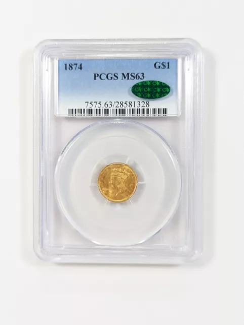 1874 G$1 Indian Princess Head Gold Dollar Coin PCGS MS63 Green CAC