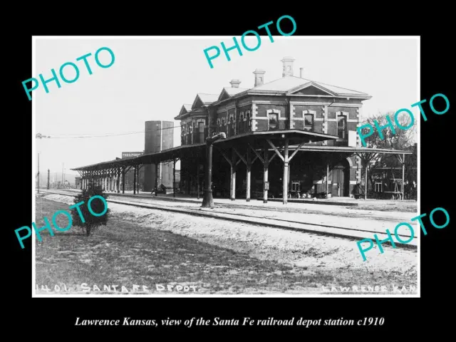 OLD LARGE HISTORIC PHOTO OF LAWRENCE KANSAS THE SANTA FE RAILROAD DEPOT c1910