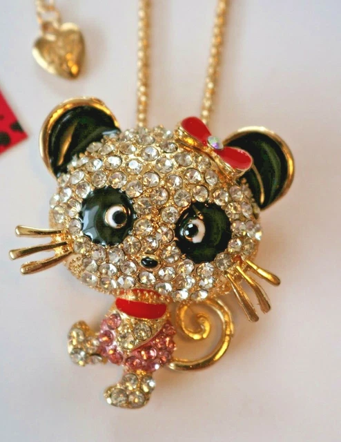 Betsey Johnson Enamel Crystal Rhinestone Cute Cat Necklace Pendant Brooch Pin
