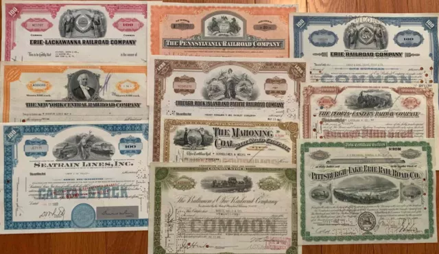 Mixed Lot of 100 Railroad Stock Certificates:  10 Each of 10 Varieties