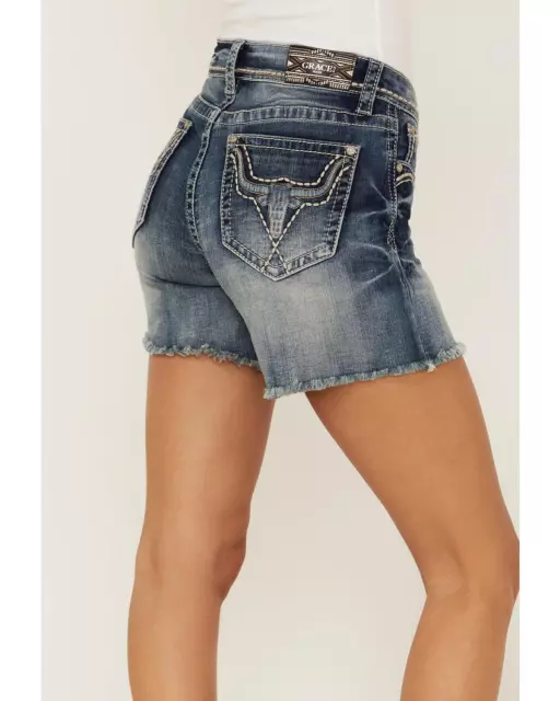 Grace In LA Women's Steer Head Embroidered Stretch Denim Jean Shorts